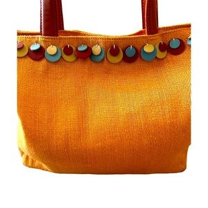 Leather and Fine Jute Woven Tote Shoulder Bag Whimsical Fun Color Detail EUC‎